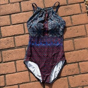 Dreamsuit Multicolor Mosaic Patterned Swimsuit One Piece Blue Burgundy Size 8